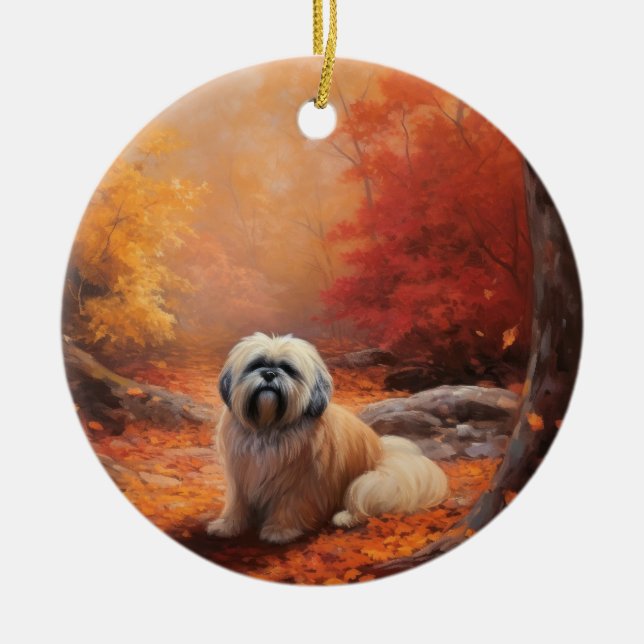Lhasa Apso in Autumn Leaves Fall Inspire Ceramic Tree Decoration (Front)