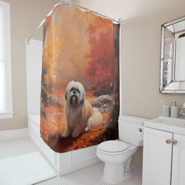 Lhasa Apso in Autumn Leaves Fall Inspire Shower Curtain (In Situ)