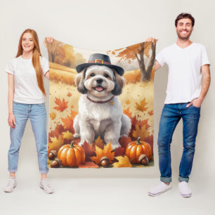 Lhasa Apso In Autumn Leaves Thanksgiving Art  Fleece Blanket