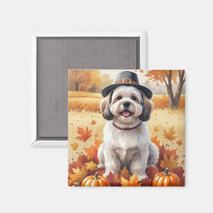 Lhasa Apso In Autumn Leaves Thanksgiving Art  Magnet