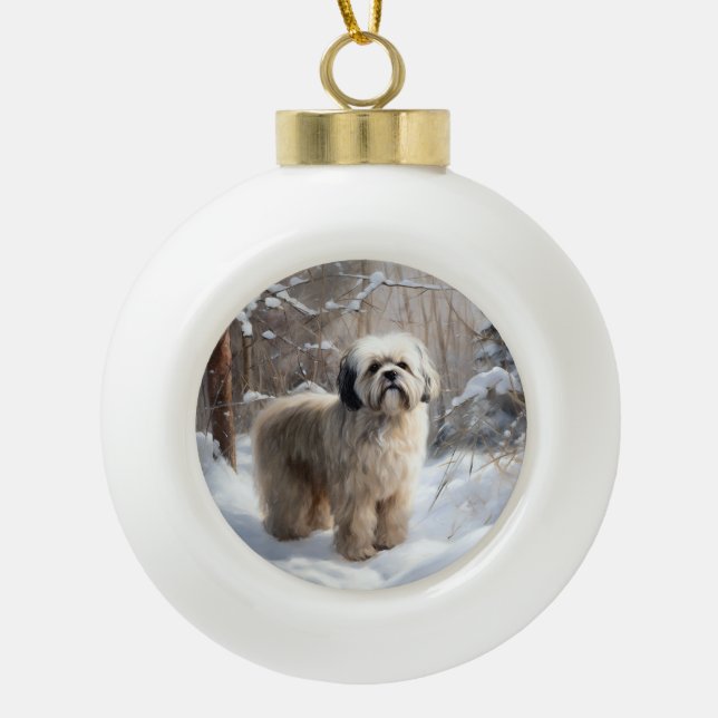 Lhasa Apso Let It Snow Christmas  Ceramic Ball Christmas Ornament (Front)