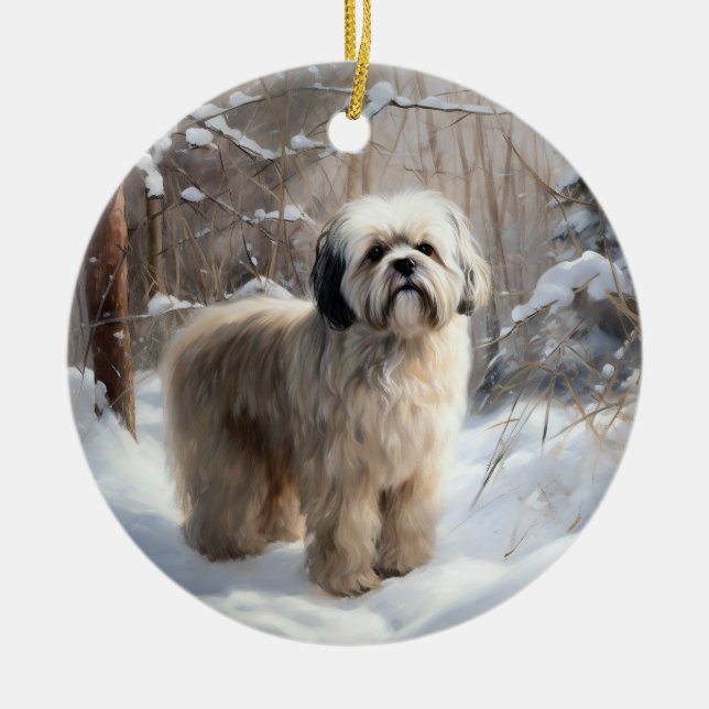 Lhasa Apso Let It Snow Christmas  Ceramic Tree Decoration (Front)