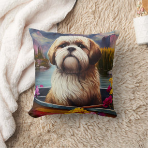 Lhasa Apso on a Paddle: A Scenic Adventure  Cushion