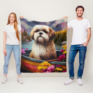 Lhasa Apso on a Paddle: A Scenic Adventure Fleece Blanket