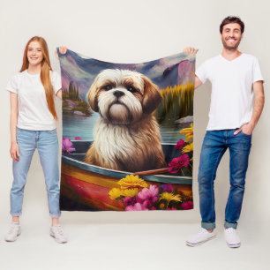 Lhasa Apso on a Paddle: A Scenic Adventure Fleece Blanket