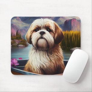 Lhasa Apso on a Paddle: A Scenic Adventure Mouse Mat
