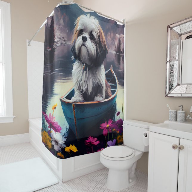 Lhasa Apso on a Paddle: A Scenic Adventure Shower Curtain (In Situ)