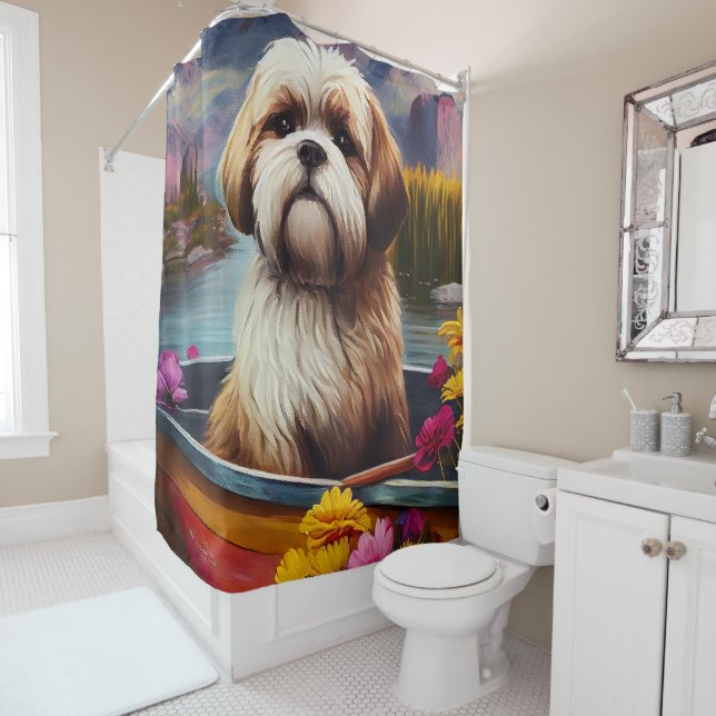 Lhasa Apso on a Paddle: A Scenic Adventure Shower Curtain (In Situ)