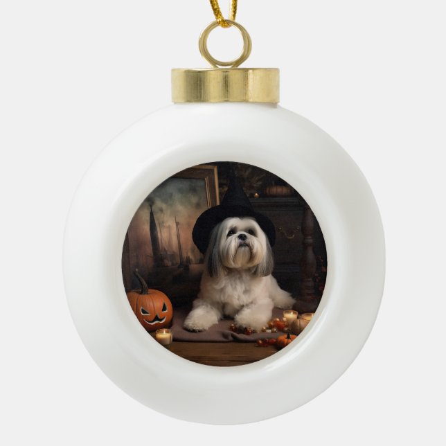 Lhasa Apso Pumpkins Halloween Scary Ceramic Ball Christmas Ornament (Front)