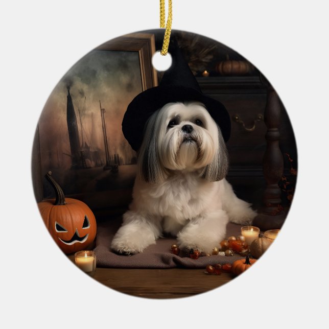 Lhasa Apso Pumpkins Halloween Scary Ceramic Tree Decoration (Front)