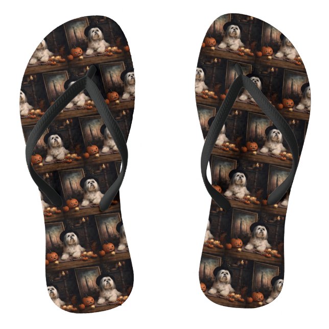 Lhasa Apso Pumpkins Halloween Scary Flip Flops (Footbed)