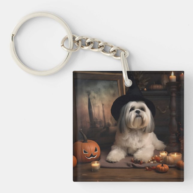 Lhasa Apso Pumpkins Halloween Scary Key Ring (Front)