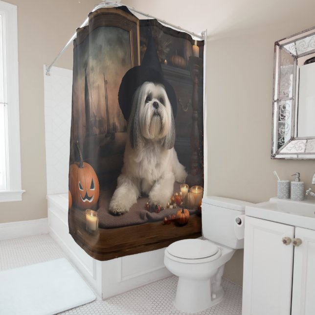 Lhasa Apso Pumpkins Halloween Scary Shower Curtain (In Situ)