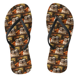 Lhasa Apso Puppy Autumn Delight Pumpkin  Flip Flops