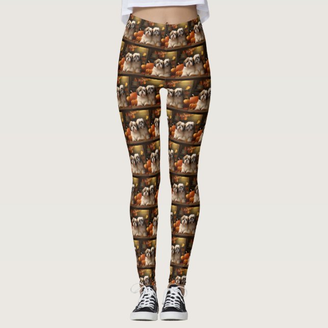 Lhasa Apso Puppy Autumn Delight Pumpkin  Leggings (Front)
