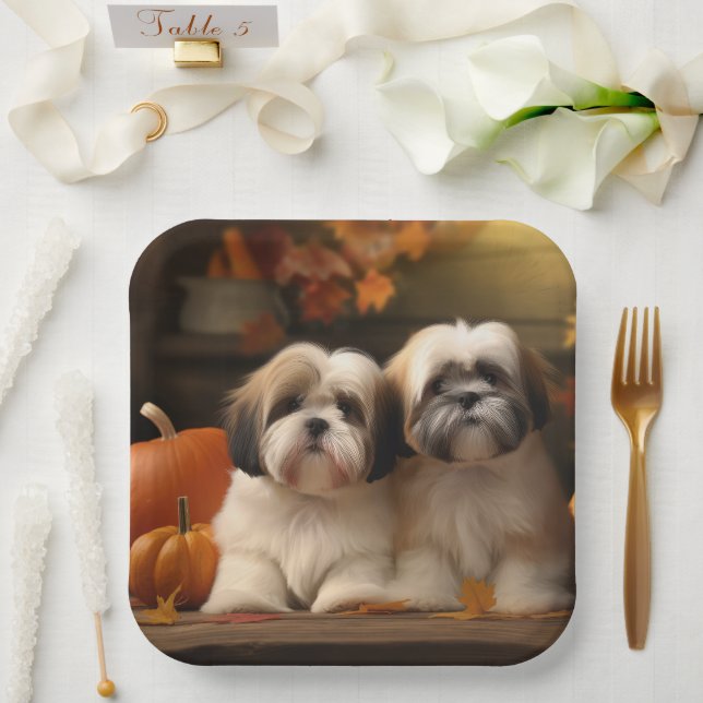 Lhasa Apso Puppy Autumn Delight Pumpkin  Paper Plate (Wedding)