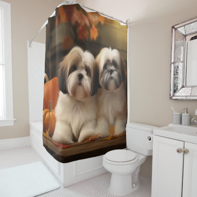 Lhasa Apso Puppy Autumn Delight Pumpkin  Shower Curtain (In Situ)