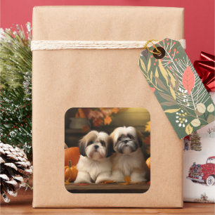 Lhasa Apso Puppy Autumn Delight Pumpkin  Square Sticker