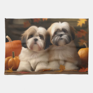Lhasa Apso Puppy Autumn Delight Pumpkin  Tea Towel