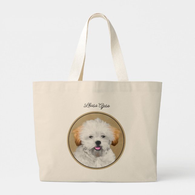 Lhasa Apso Puppy Painting Cute Original Dog Art Large Tote Bag (Back)