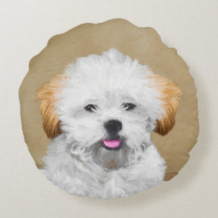 Lhasa Apso Puppy Painting - Cute Original Dog Art Round Cushion