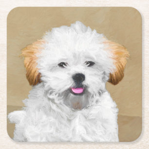 Lhasa Apso Puppy Painting - Cute Original Dog Art Square Paper Coaster