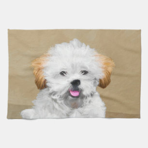 Lhasa Apso Puppy Painting - Cute Original Dog Art Tea Towel