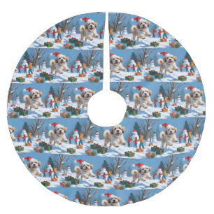 Lhasa Apso Running in Snow with Christmas Hat Brushed Polyester Tree Skirt