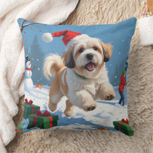Lhasa Apso Running in Snow with Christmas Hat Cushion