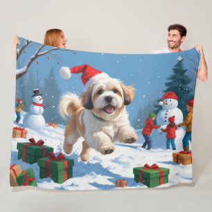 Lhasa Apso Running in Snow with Christmas Hat Fleece Blanket