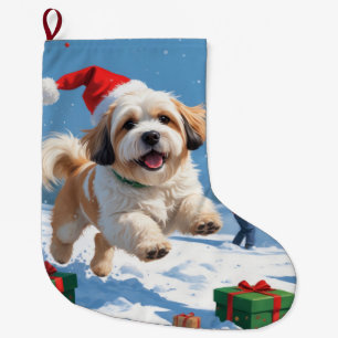 Lhasa Apso Running in Snow with Christmas Hat Large Christmas Stocking