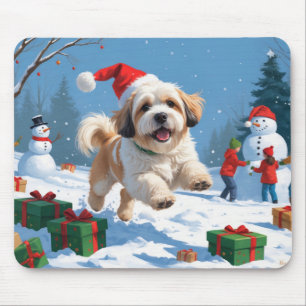 Lhasa Apso Running in Snow with Christmas Hat Mouse Mat