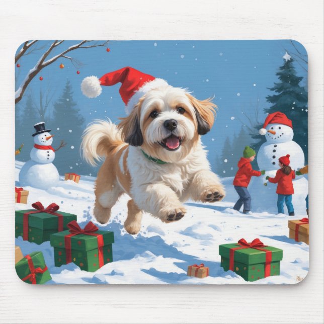 Lhasa Apso Running in Snow with Christmas Hat Mouse Mat (Front)
