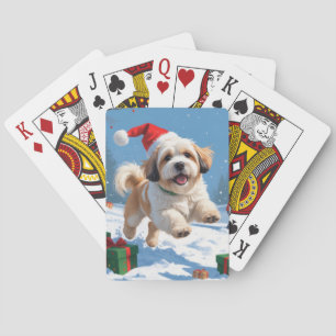 Lhasa Apso Running in Snow with Christmas Hat Playing Cards