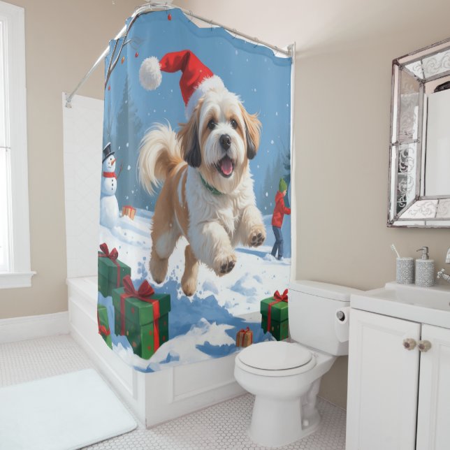 Lhasa Apso Running in Snow with Christmas Hat Shower Curtain (In Situ)