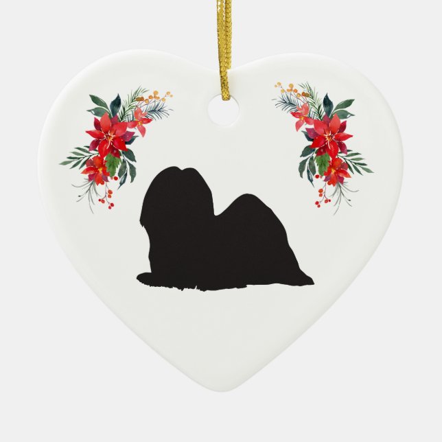 Lhasa Apso Silhouette with Name Poinsettia Ceramic Tree Decoration (Front)