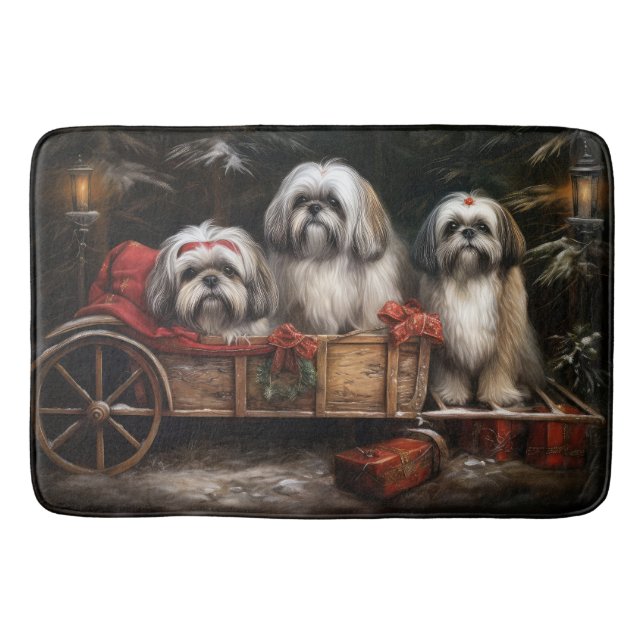 Lhasa Apso Snowy Sleigh Christmas Decor Bath Mat (Front)
