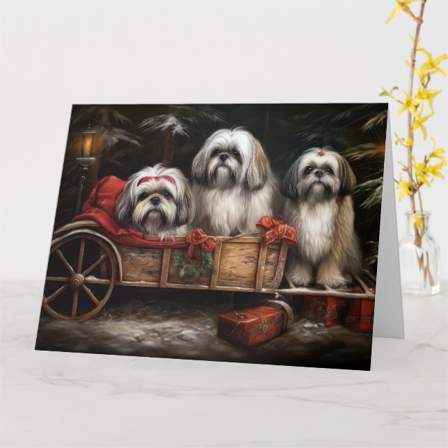 Lhasa Apso Snowy Sleigh Christmas Decor Card (Yellow Flower)
