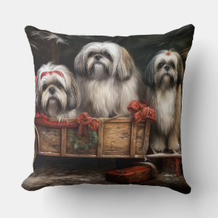 Lhasa Apso Snowy Sleigh Christmas Decor Cushion