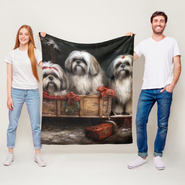 Lhasa Apso Snowy Sleigh Christmas Decor Fleece Blanket (In Situ)