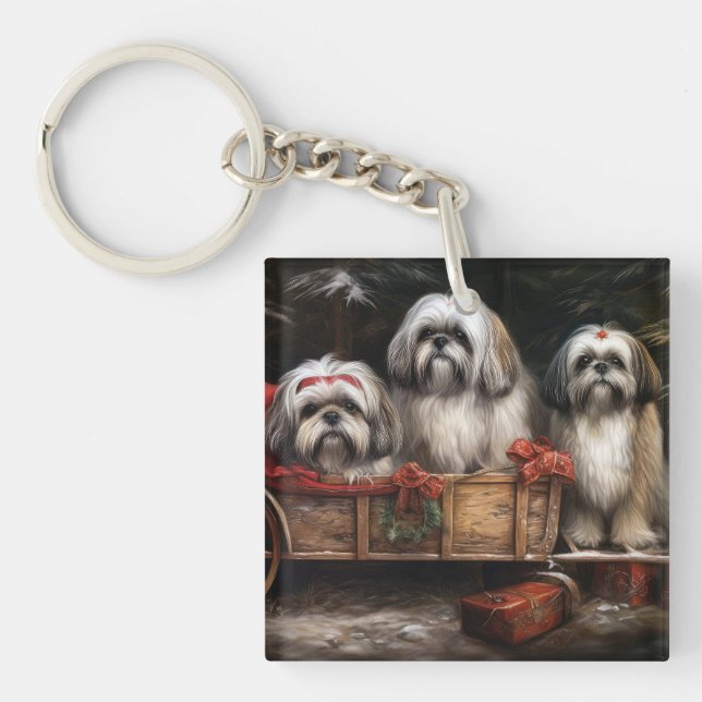 Lhasa Apso Snowy Sleigh Christmas Decor Key Ring (Front)