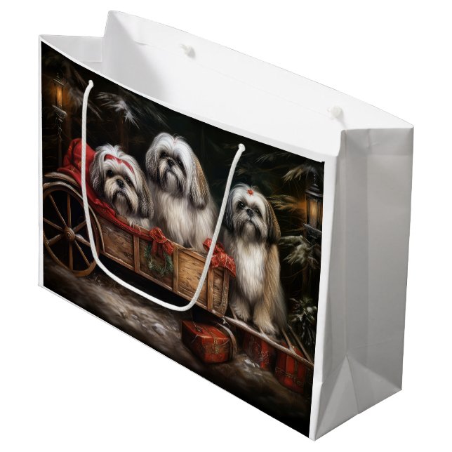 Lhasa Apso Snowy Sleigh Christmas Decor Large Gift Bag (Front Angled)