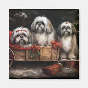 Lhasa Apso Snowy Sleigh Christmas Decor Magnet