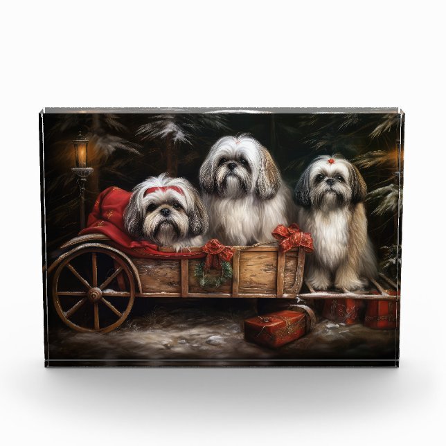 Lhasa Apso Snowy Sleigh Christmas Decor Photo Block (Front)