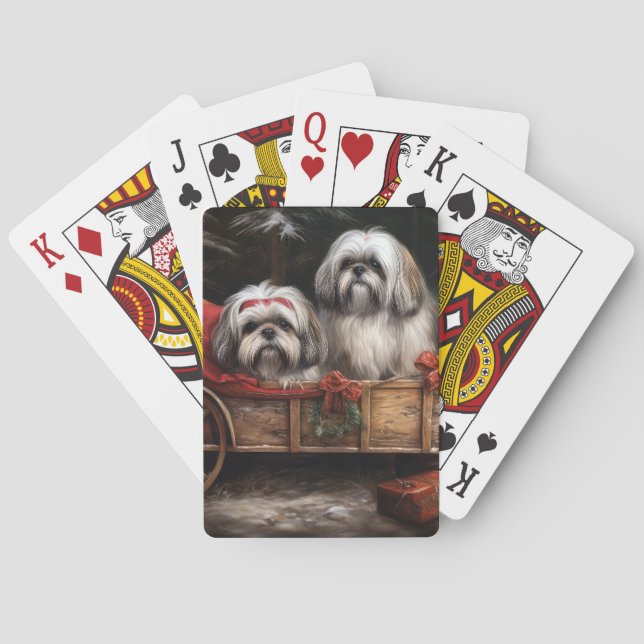Lhasa Apso Snowy Sleigh Christmas Decor Playing Cards (Back)
