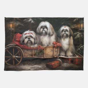 Lhasa Apso Snowy Sleigh Christmas Decor Tea Towel