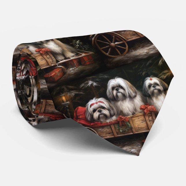 Lhasa Apso Snowy Sleigh Christmas Decor Tie (Rolled)