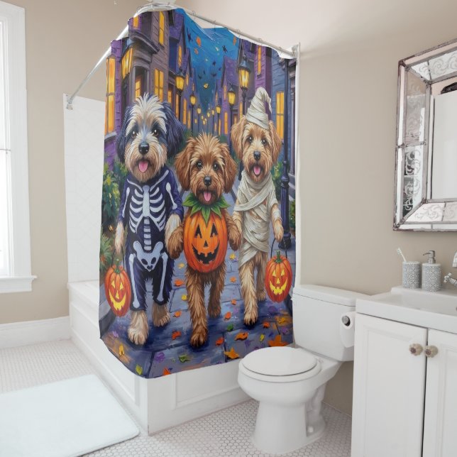 Lhasa Apso Trick-or-Treating In Halloween Costumes Shower Curtain (In Situ)