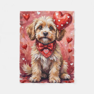 Lhasa Apso Valentine Dog Sitting with Hearts Red Fleece Blanket