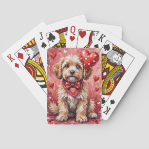 Lhasa Apso Valentine Dog Sitting with Hearts Red Playing Cards